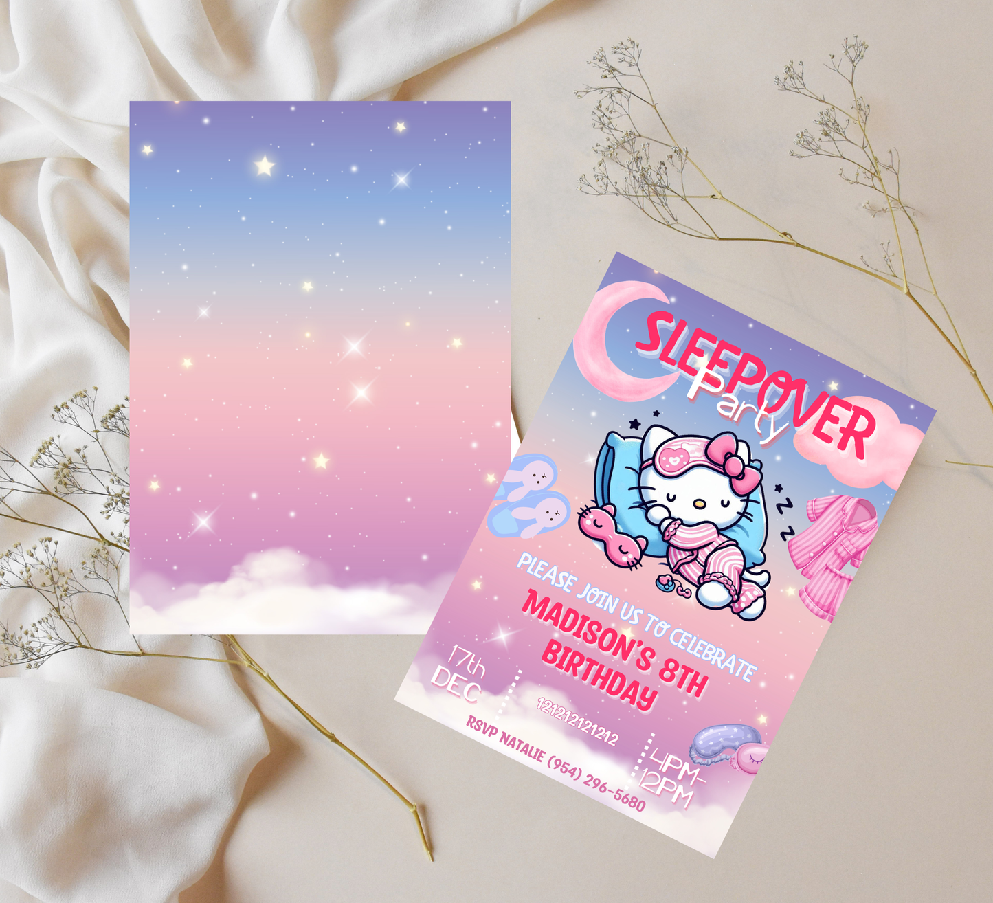 Hello Kitty Sleepover Gradient Slumber Birthday Invitation | Kawaii Girls Party | Editable Canva Template