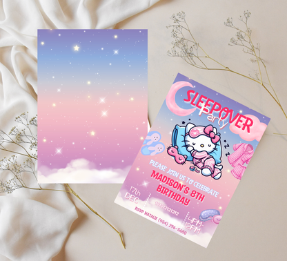 Hello Kitty Sleepover Gradient Slumber Birthday Invitation | Kawaii Girls Party | Editable Canva Template