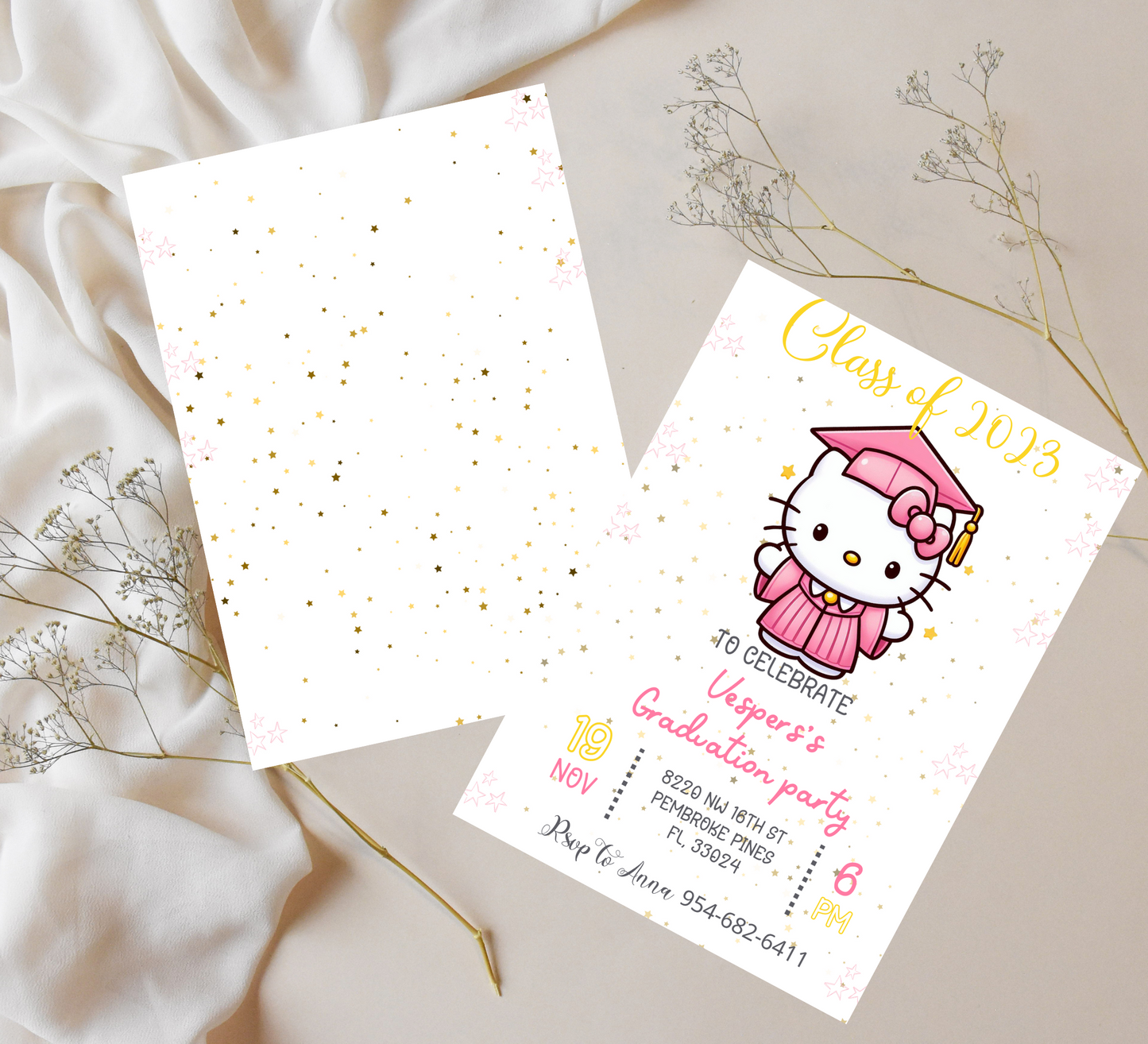Hello Kitty Pink Graduation Invitation for Kids | Editable Canva Template | Cute Kawaii Graduation Party Invite | Printable Celebration Invitation