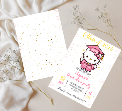 Hello Kitty Pink Graduation Invitation for Kids | Editable Canva Template | Cute Kawaii Graduation Party Invite | Printable Celebration Invitation