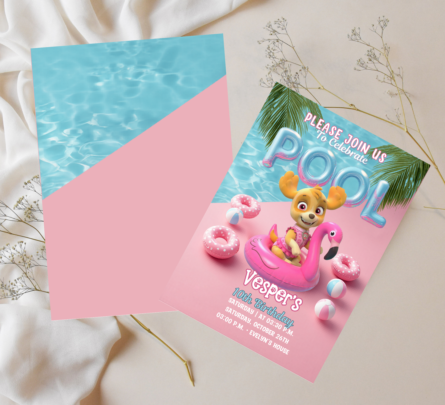 Skye PAW Patrol Pool Birthday Invitation – Editable Canva Template – Pink Girl’s Summer Swim Party Invite – High-Flying Splash Birthday Invitation
