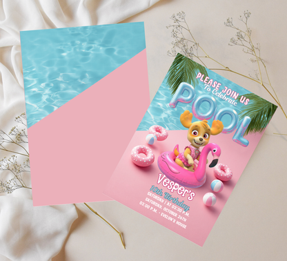 Skye PAW Patrol Pool Birthday Invitation – Editable Canva Template – Pink Girl’s Summer Swim Party Invite – High-Flying Splash Birthday Invitation