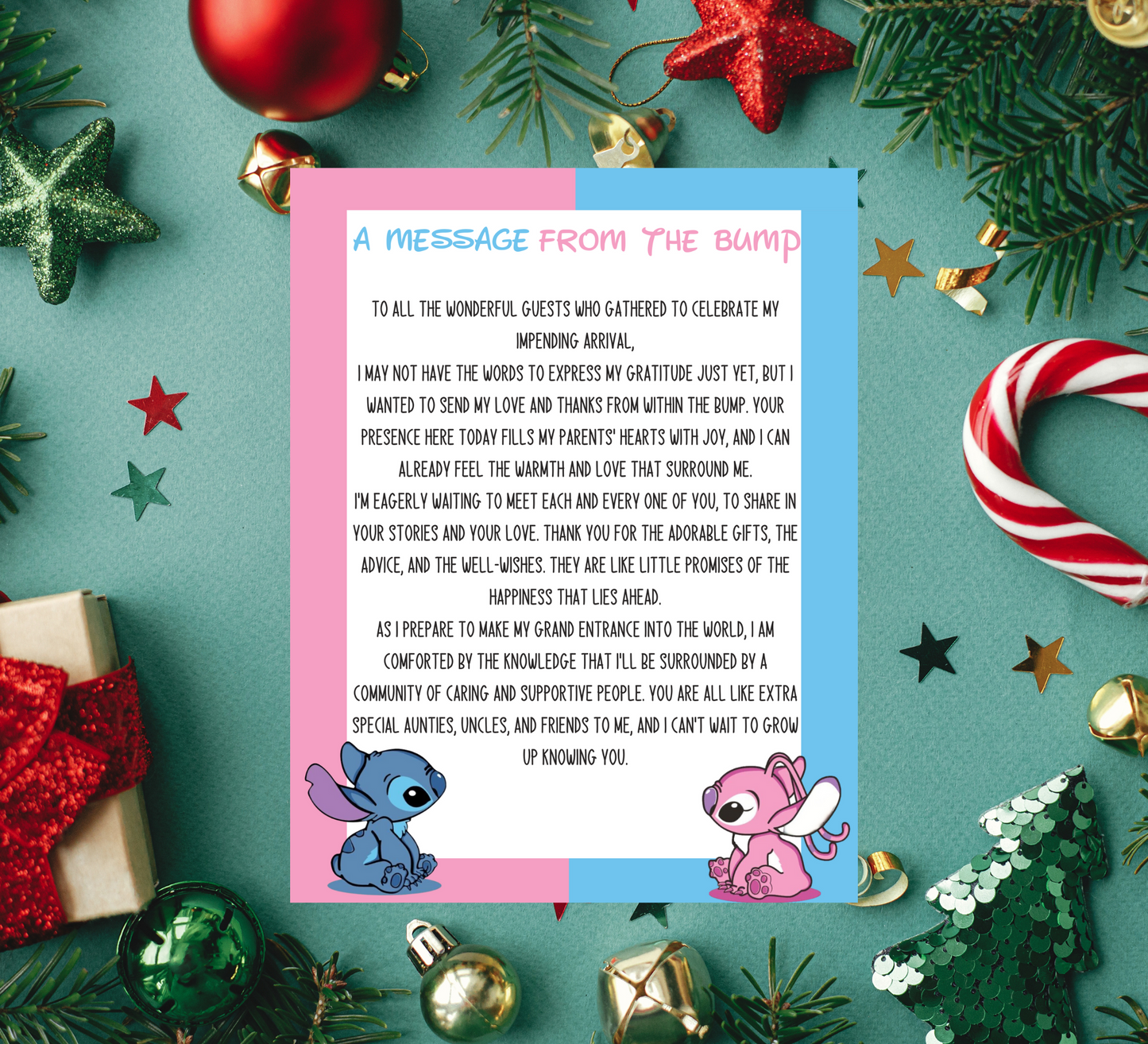 Stitch & Lilo Gender Reveal “Message from the Bump” Sign | Minimalist Baby Shower Template | Editable & Printable Instant Download