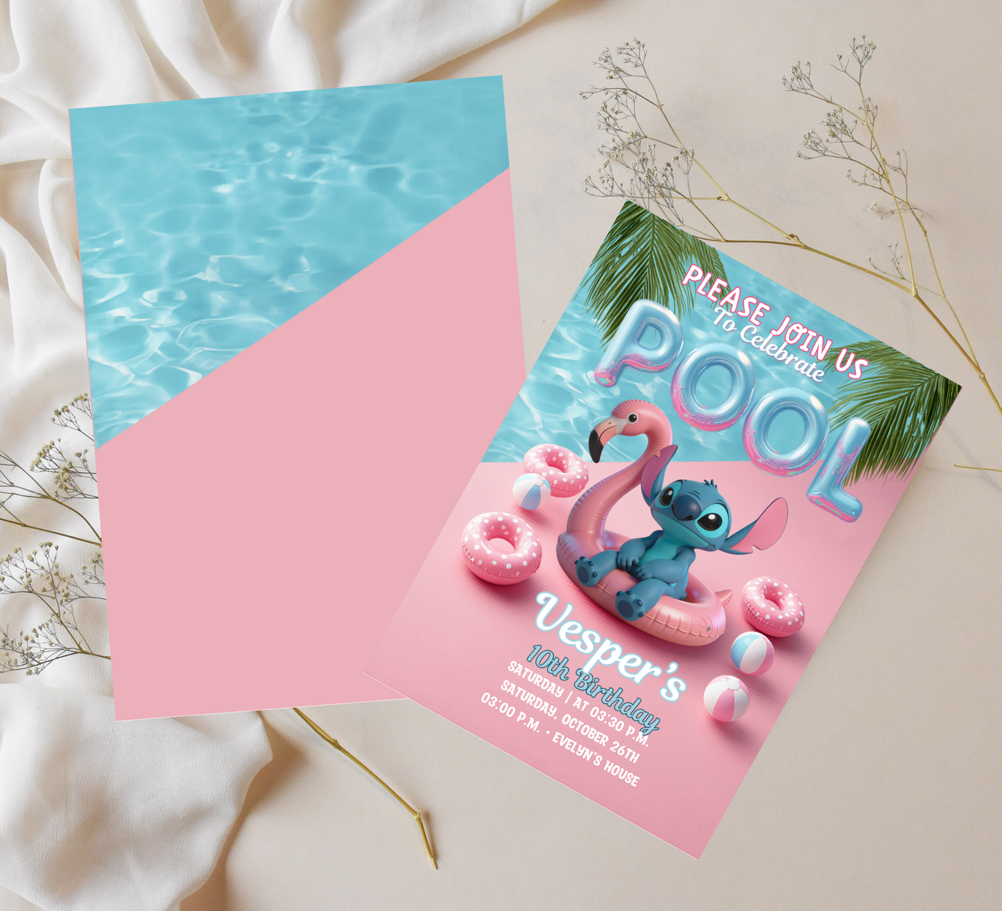 Stitch Pool Party Birthday Invitation – Editable Canva Template – Tropical Summer Swim Party Invite – Blue Alien Splash Birthday Invitation
