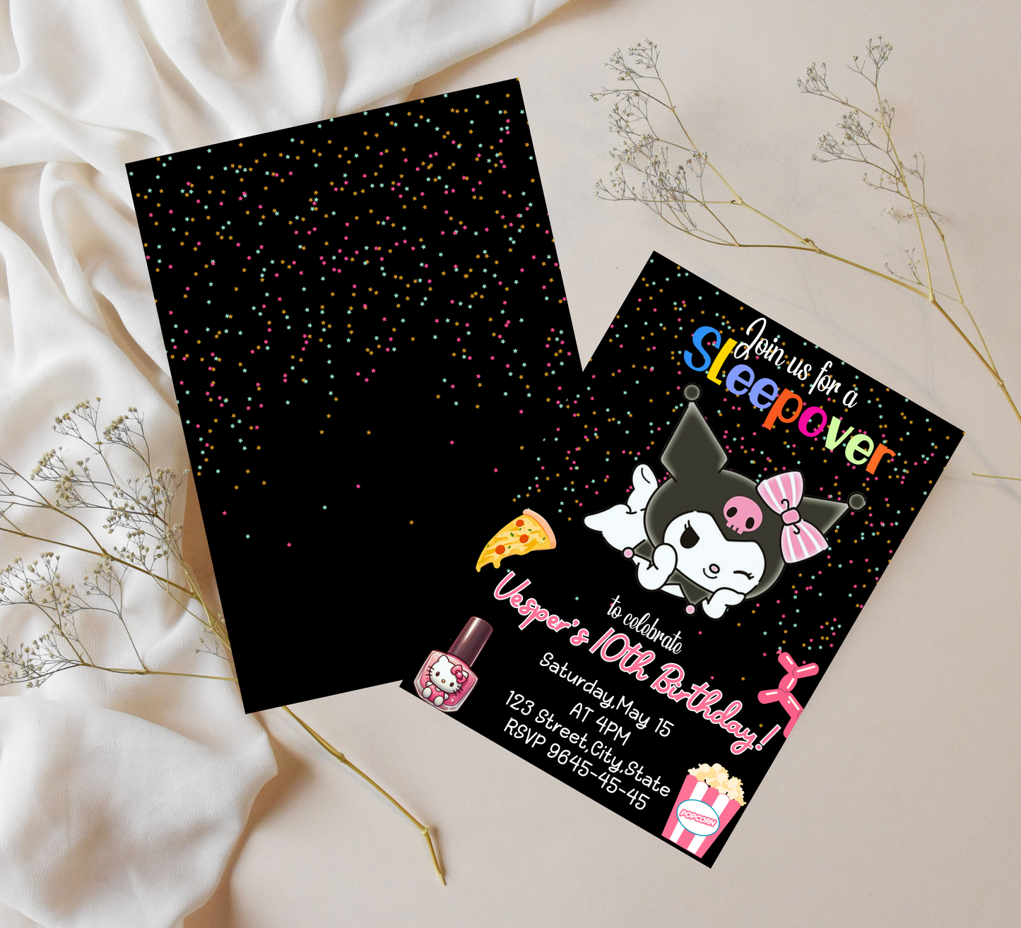 Kawaii Kuromi Neon Sleepover Birthday Invitation | Slumber Party Invite | Editable Canva Template | Cute Glow Party Printable
