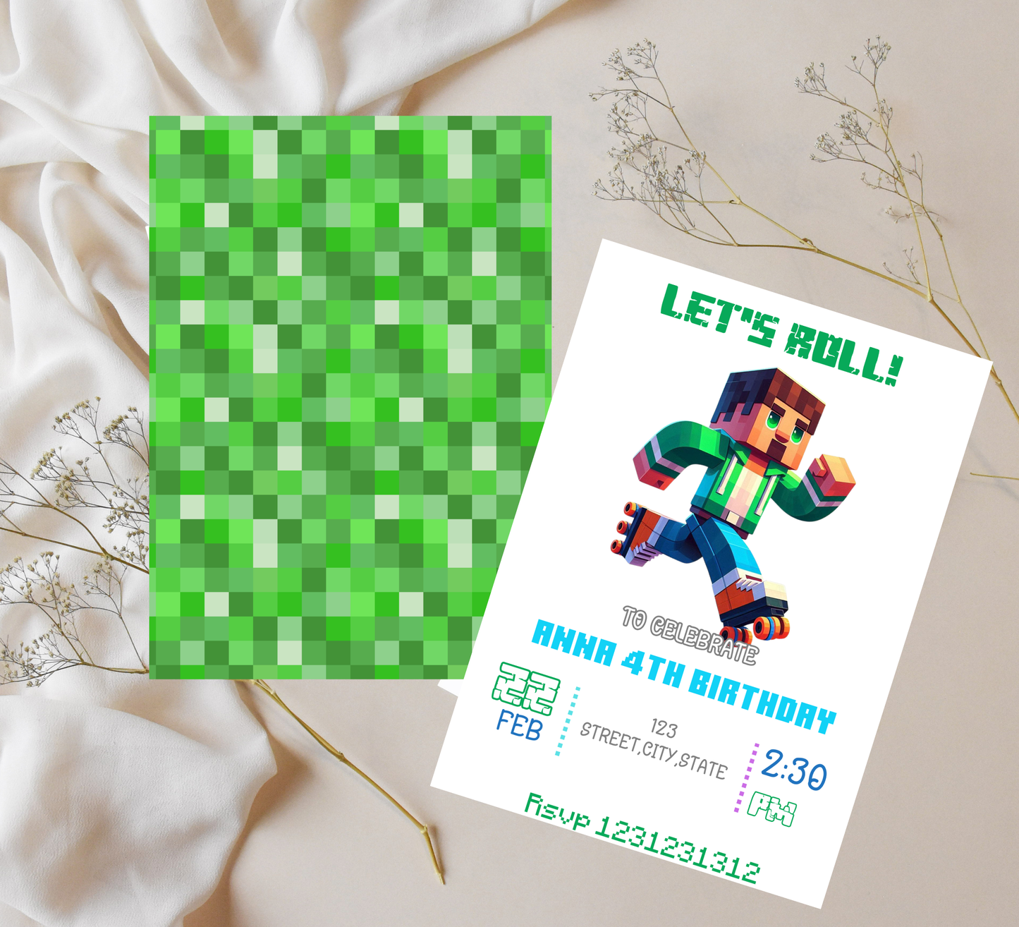 Minecraft Roller Skating Birthday Invitation | Kids Glow Skate Invite | Editable Canva Template