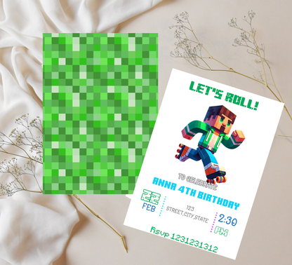 Minecraft Roller Skating Birthday Invitation | Kids Glow Skate Invite | Editable Canva Template