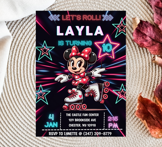 Minnie Mouse Neon Roller Skating Birthday Invitation | Glow Party Skate Invite | Editable Canva Template | Bright & Fun Printable