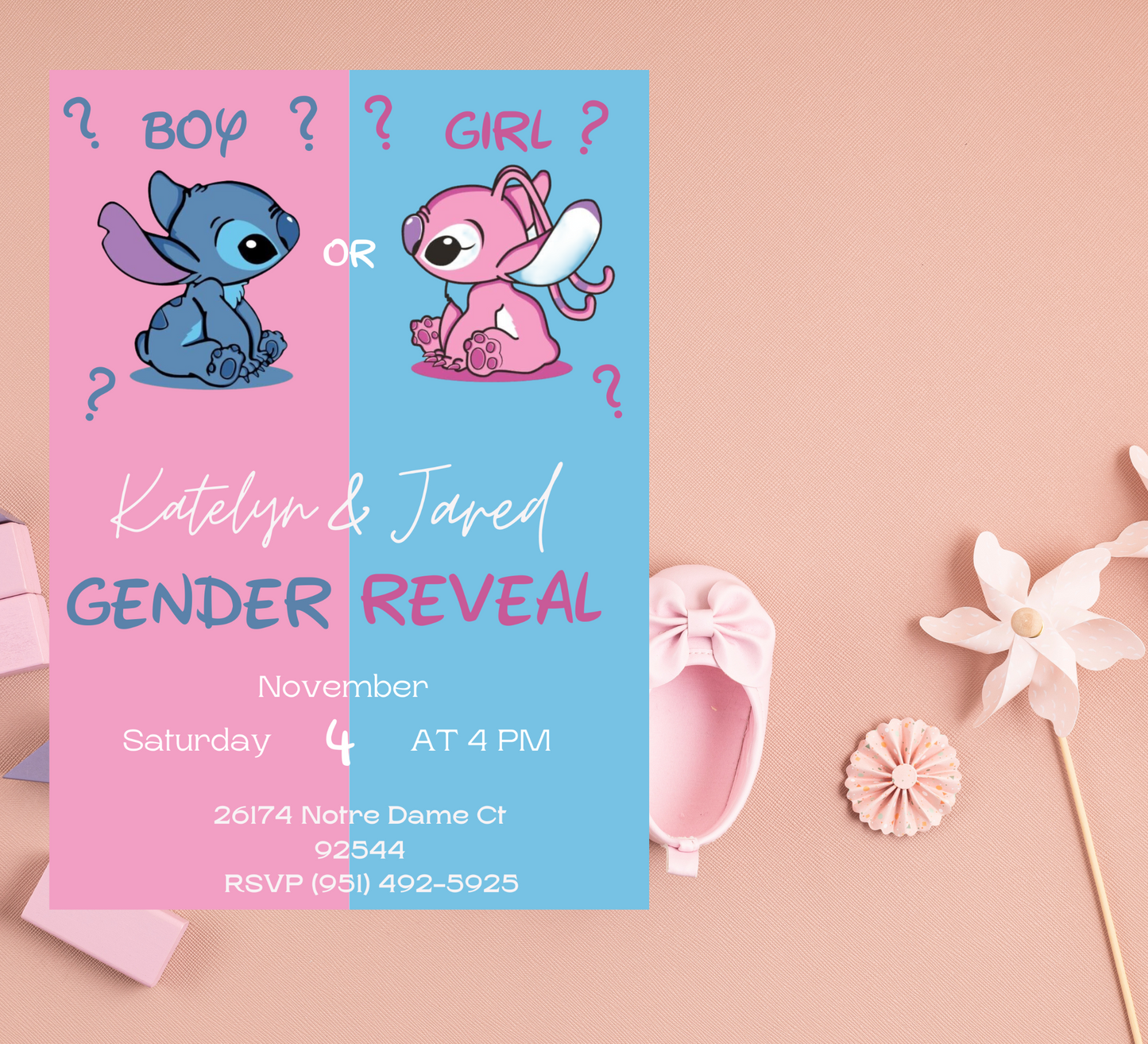 Stitch and Angel Gender Reveal Invitation | Pink & Blue Baby Reveal | Editable Canva Template | Cute Printable Baby Shower Invite
