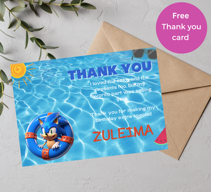 Sonic the Hedgehog Pool Birthday Invitation | Swim Party Invite | Editable Canva Template | Blue Summer Birthday Printable