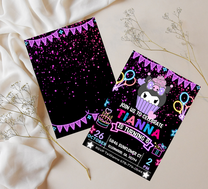 Kuromi Neon Birthday Invitation | Kawaii Glow Party Invite | Editable Canva Template | Cute Sanrio Neon Birthday Invitation
