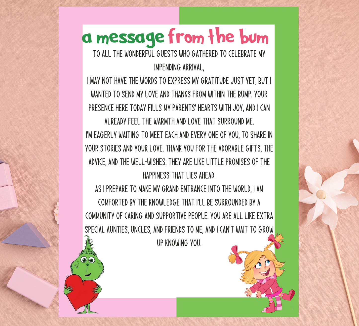 Grinch & Cindy Lou “Message From the Bump” Baby Shower Template | Editable Canva Gender Neutral Baby Sign | Christmas Baby Shower Printable