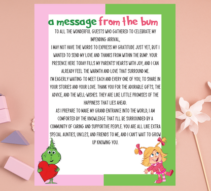 Grinch & Cindy Lou “Message From the Bump” Baby Shower Template | Editable Canva Gender Neutral Baby Sign | Christmas Baby Shower Printable