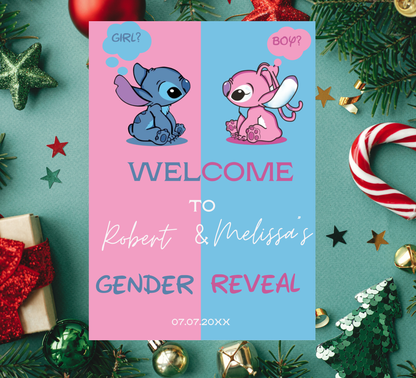 Stitch & Angel Pink and Blue Gender Reveal Welcome Sign | Baby Reveal Decor | Editable Template