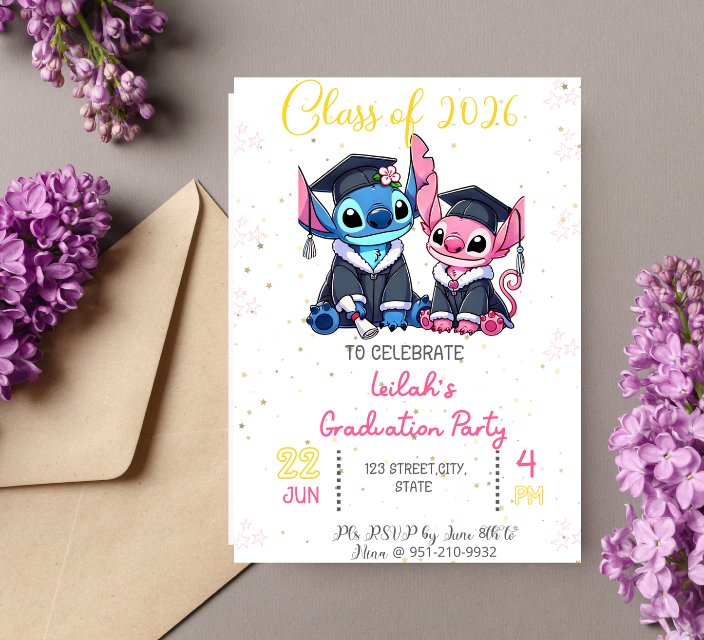 Stitch & Angel Graduation Invitation | Kindergarten & School Moving Up Party | Editable Canva Template | Stitch Graduation Announcement | Pink & Blue School Leavers Invite