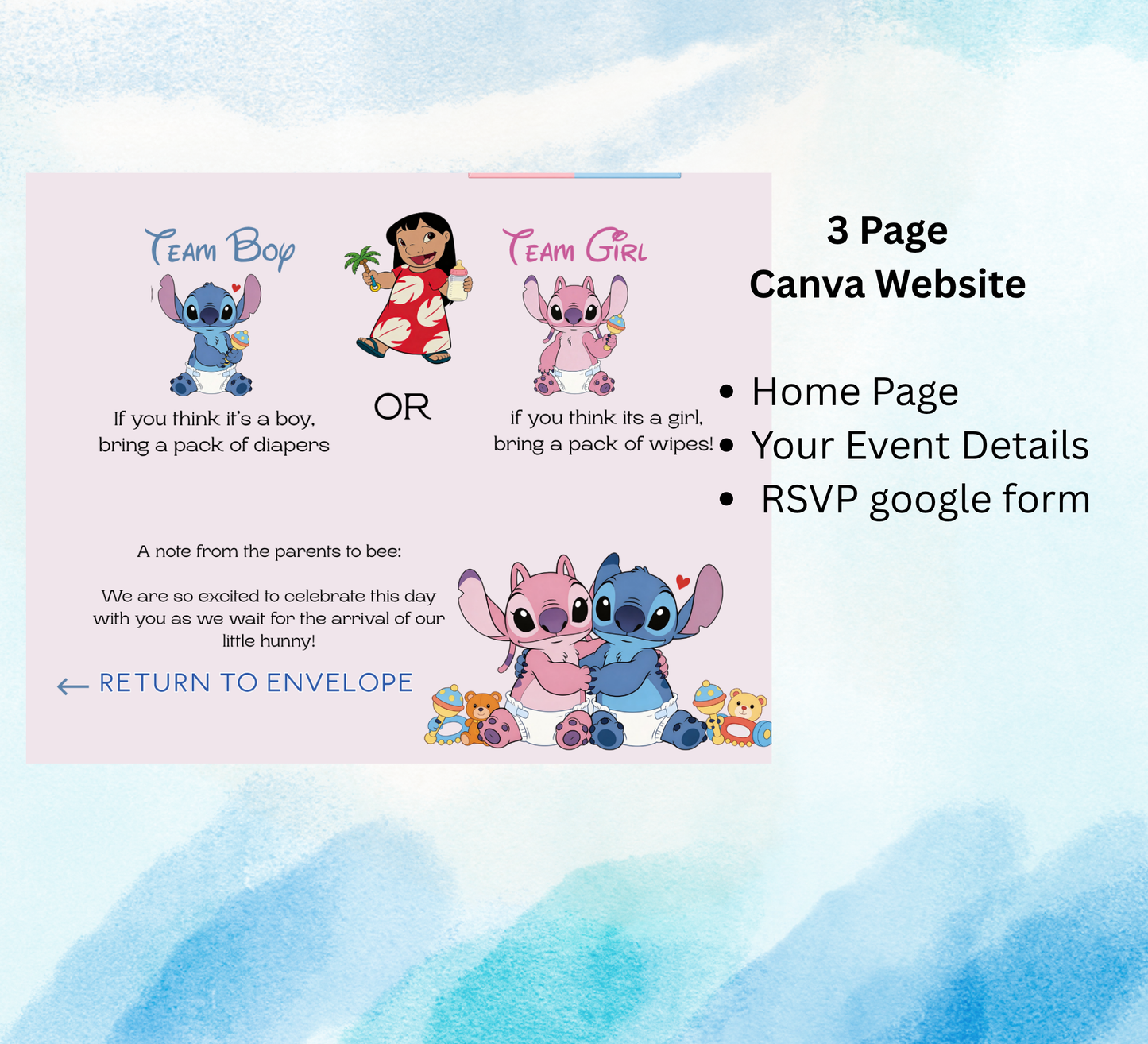 Stitch Gender Reveal Website Template with RSVP | Editable Canva