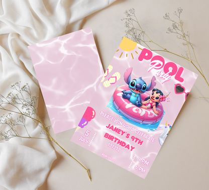 Stitch Pink Pool Birthday Invitation | Tropical Girl's Swim Party Editable Canva Template (Copy)