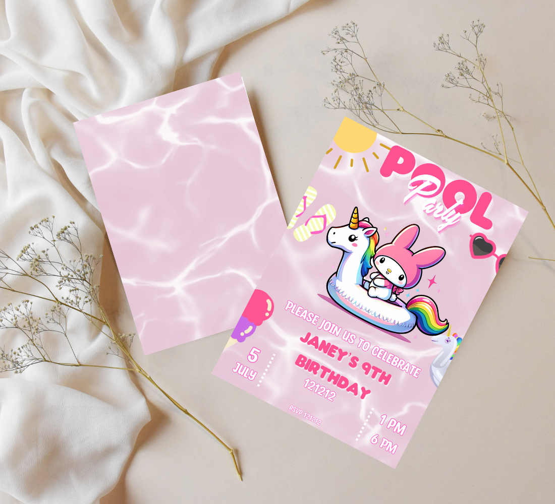 My Melody Unicorn Pool Birthday Invitation | Kawaii Pink Summer Party Invite | Editable Canva Template | Cute Sanrio Pool Birthday Printable
