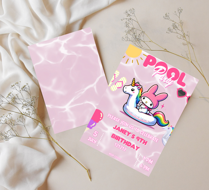 My Melody Unicorn Pool Birthday Invitation | Kawaii Pink Summer Party Invite | Editable Canva Template | Cute Sanrio Pool Birthday Printable
