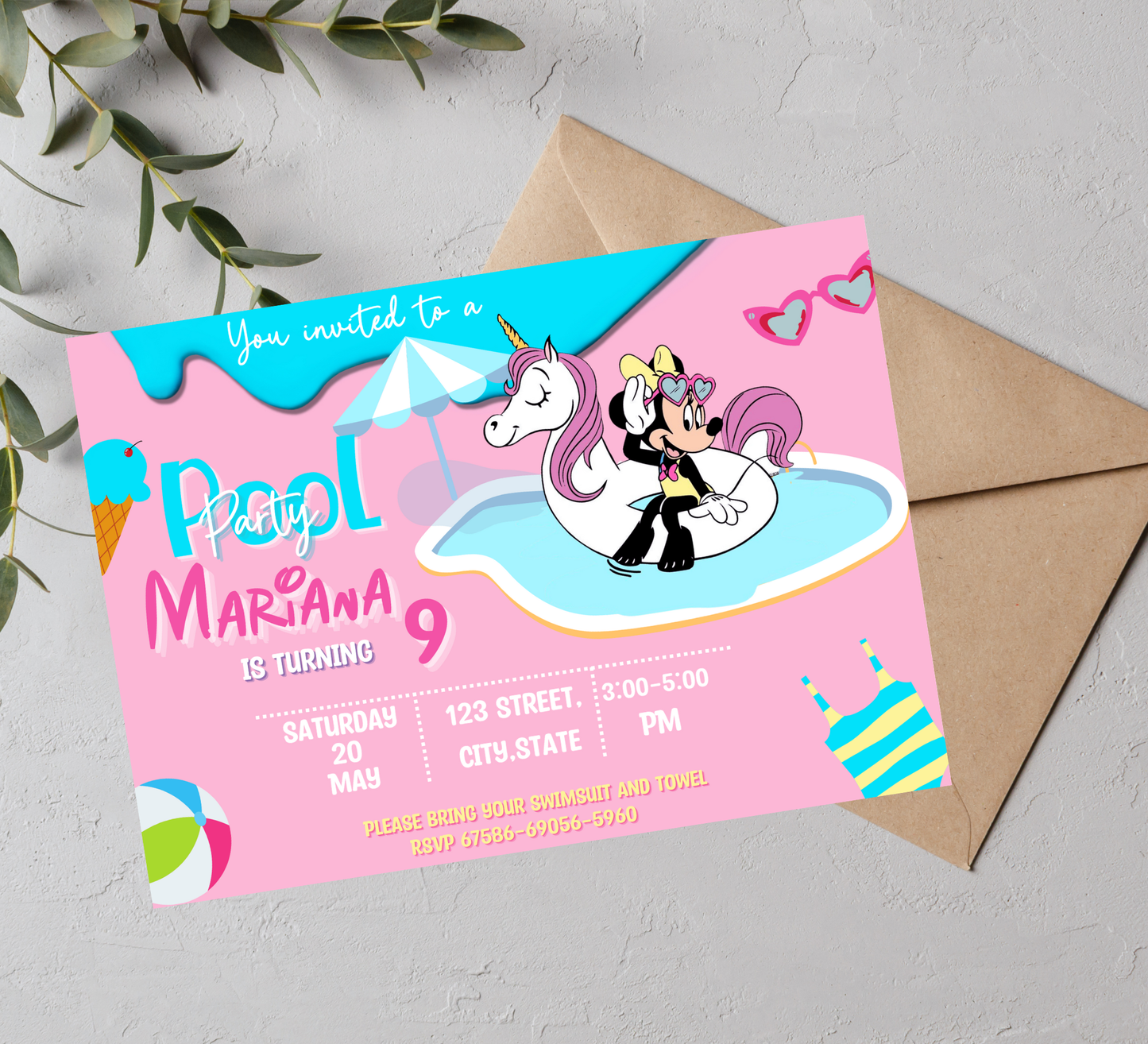 Minnie Mouse Pink Pool Birthday Invitation | Kawaii Swim Party Invite | Editable Canva Template
