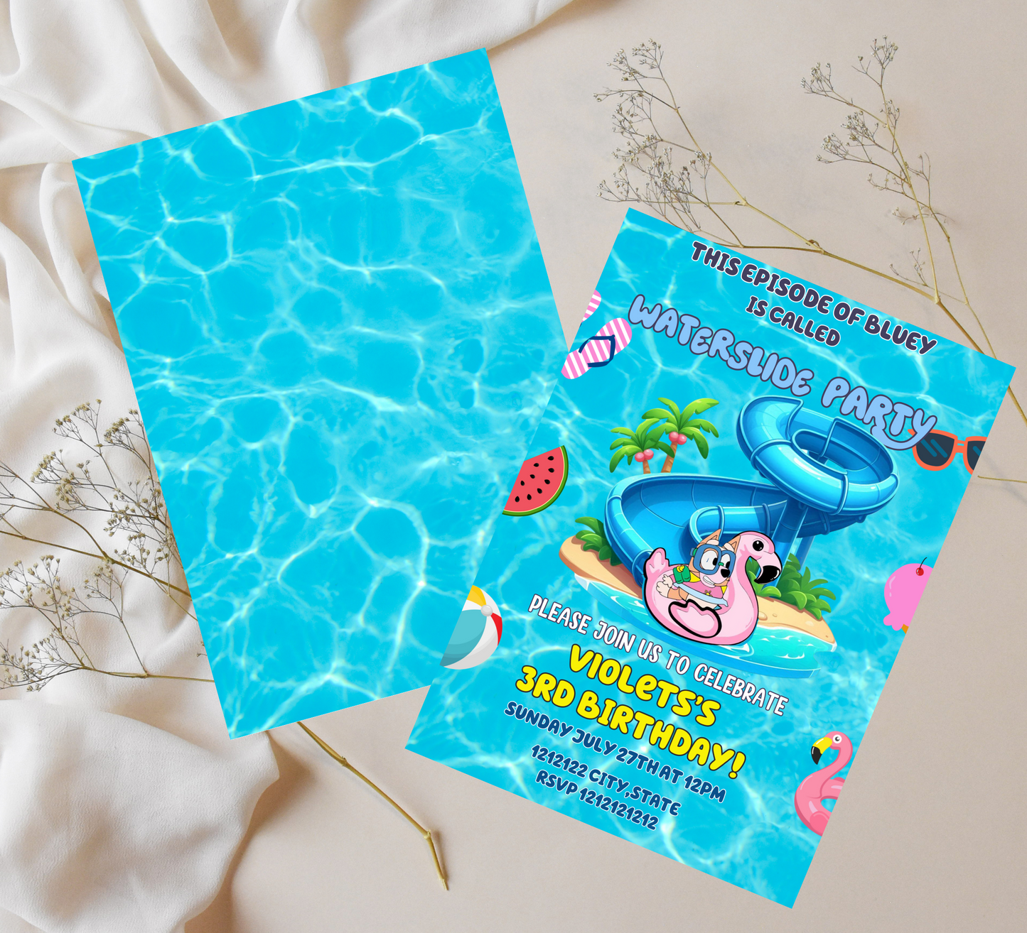 Bluey Waterslide Pool Birthday Invitation 🌊🏄‍♂️ | Bluey Swim Party Invite | Editable Canva Template | Printable Kids Summer Birthday | Bluey & Bingo Splash Pad Party | Boys & Girls Tropical Pool Bash | Wackadoo Summer Invite