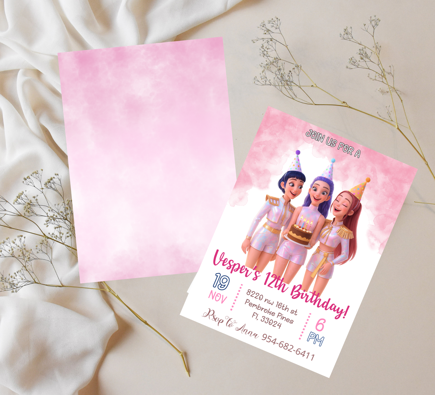 K-Pop Demon Hunters Birthday Invitation | Rumi Mira Zoye Anime Invite | Editable Canva Template | Kawaii Cyber Pop Party