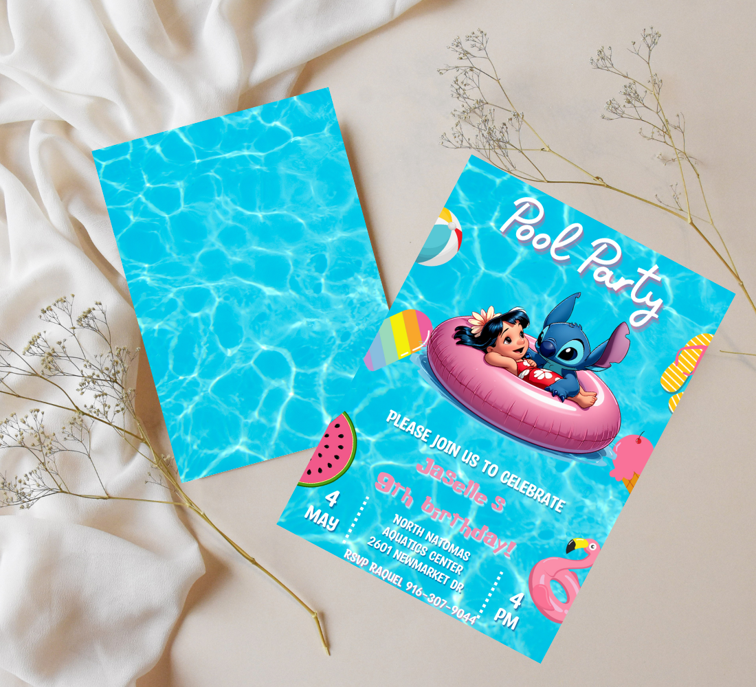 Stitch & Lilo Pool Birthday Invitation | Tropical Hawaiian Pool Party Invite | Editable Canva Template | Cute Summer Birthday Printable