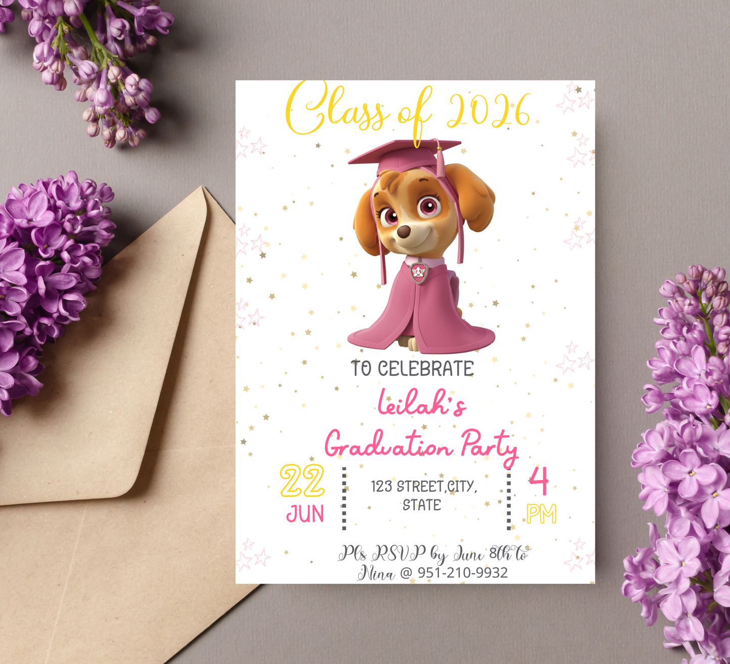 Skye Paw Patrol Graduation Invitation | Kindergarten & Preschool Invite | Pink Skye Graduation Party | Editable Canva Template