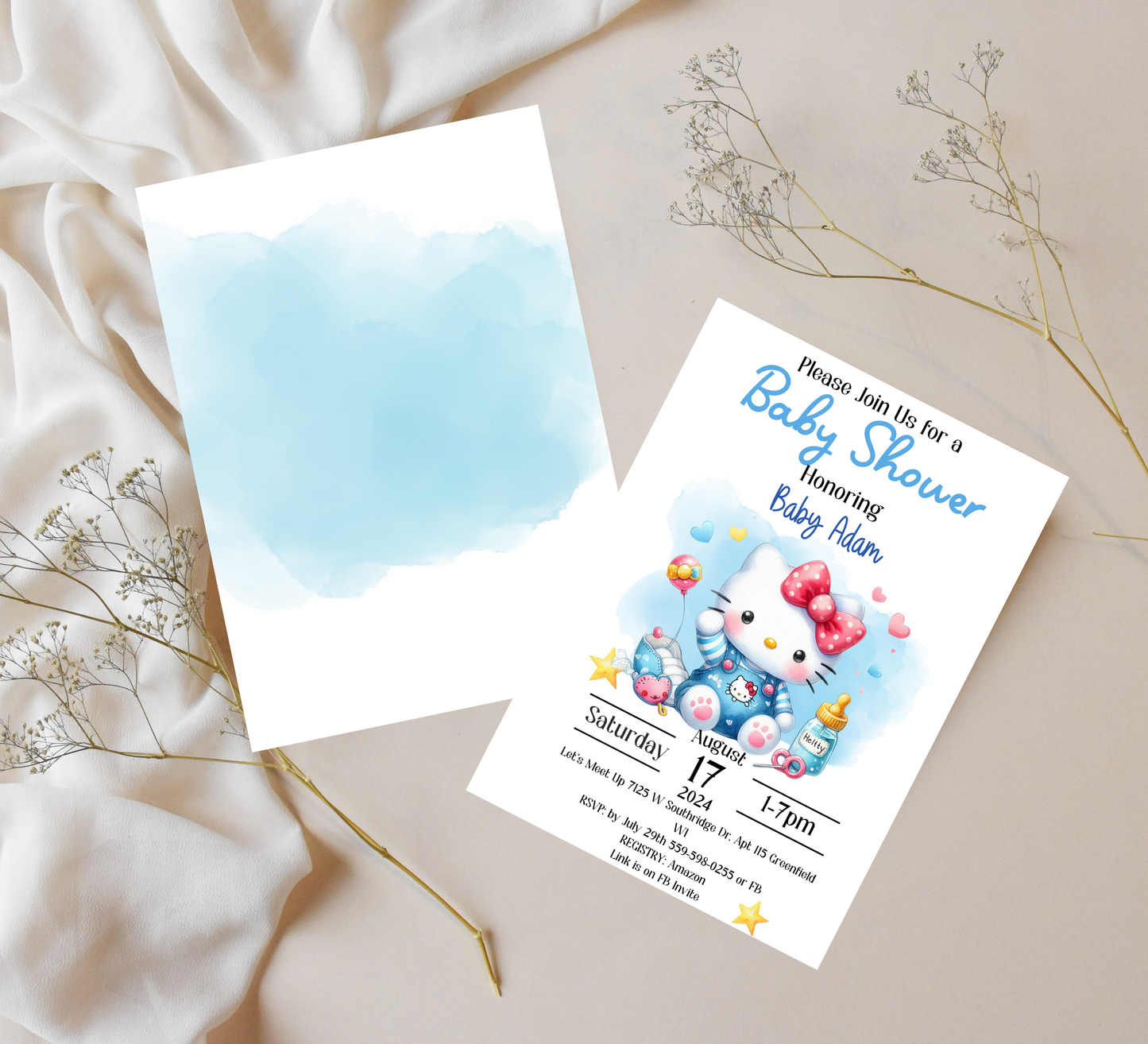 Hello Kitty Blue Baby Shower Invitation | Editable Canva Template | Kawaii Baby Boy Shower Invite | Printable Cute Baby Announcement