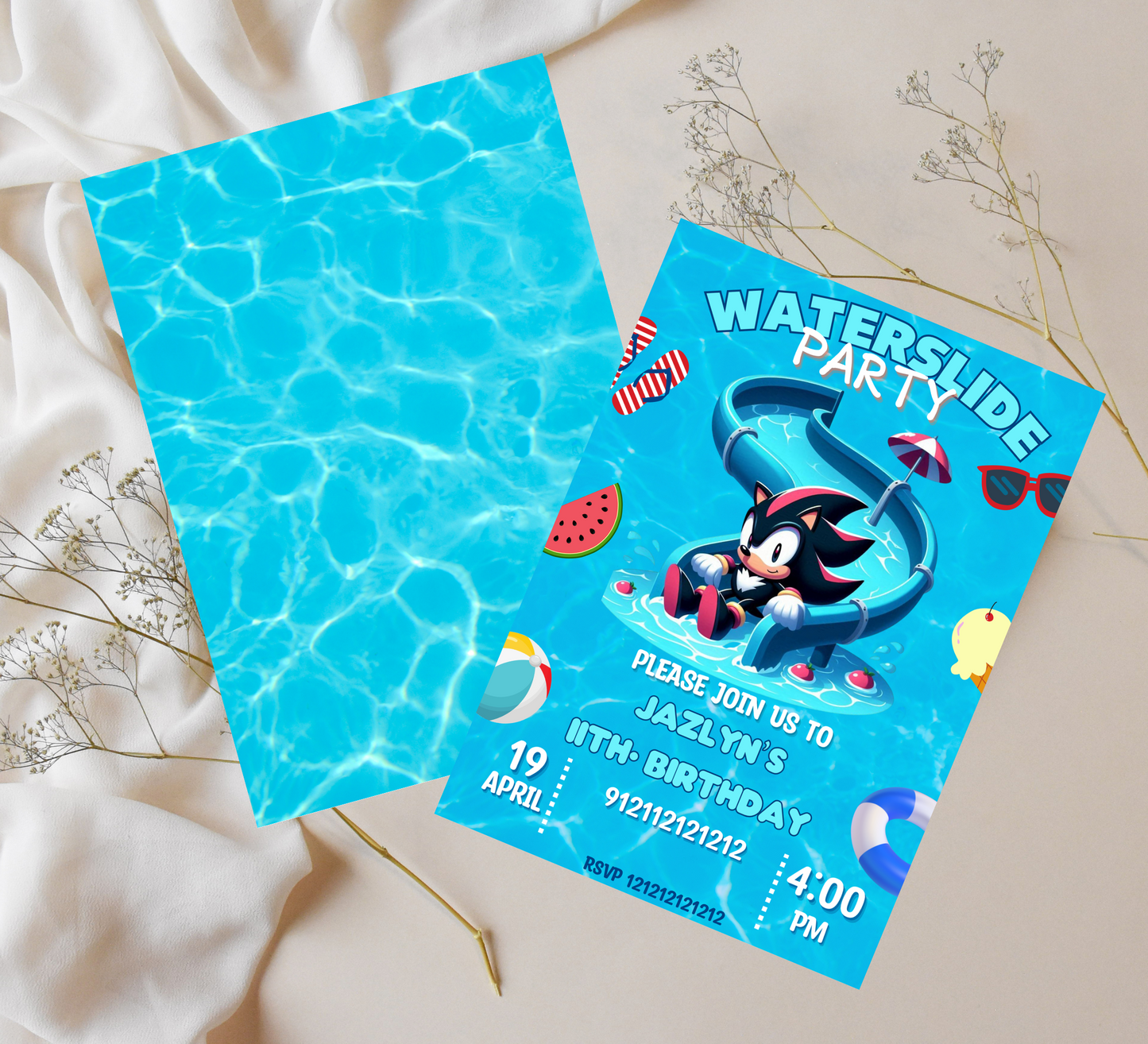 Shadow & Sonic Waterslide Pool Birthday Invitation | Neon Summer Party Invite | Editable Canva Template | Sonic Pool Birthday Printable