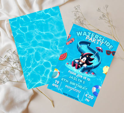Shadow & Sonic Waterslide Pool Birthday Invitation | Neon Summer Party Invite | Editable Canva Template | Sonic Pool Birthday Printable