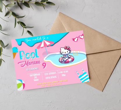 Hello Kitty Pink Pool Birthday Invitation | Kawaii Summer Swim Party | Editable Canva Template
