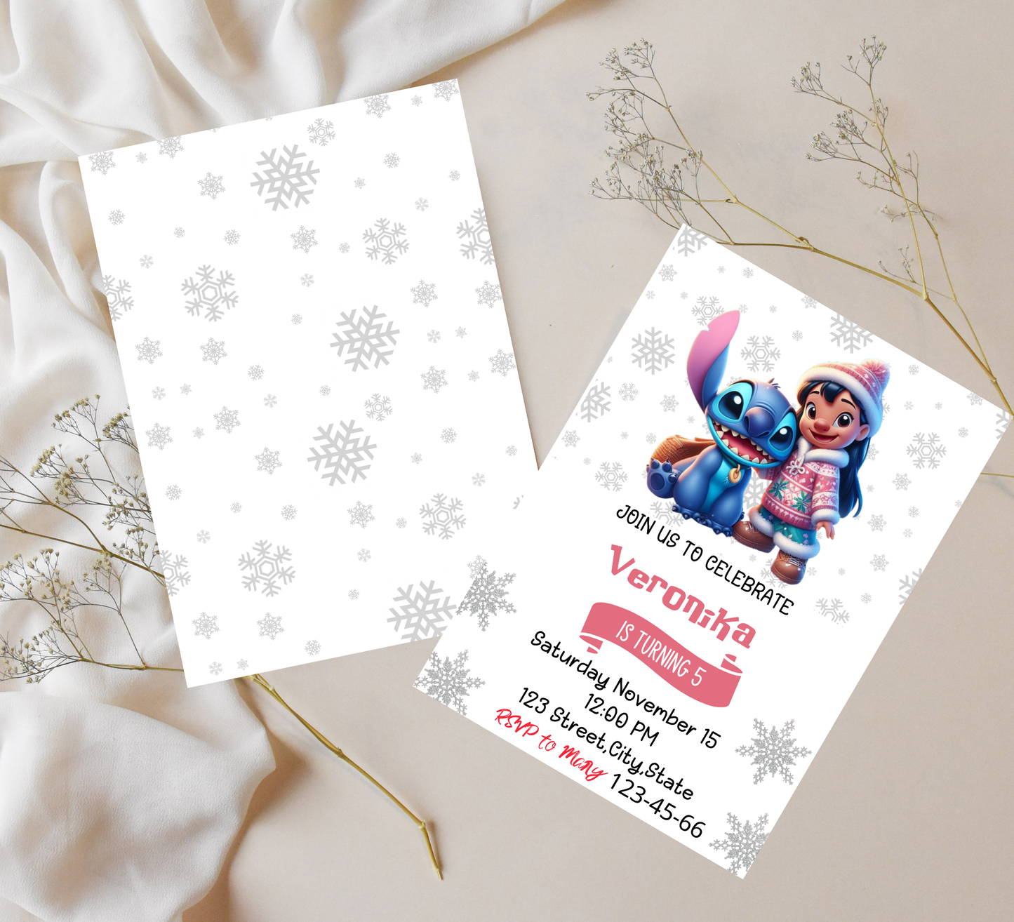 Stitch & Lilo Winter Snowflake Birthday Invitation | Frozen Blue Winter Party | Editable Canva Template | Printable Cute Birthday Invite