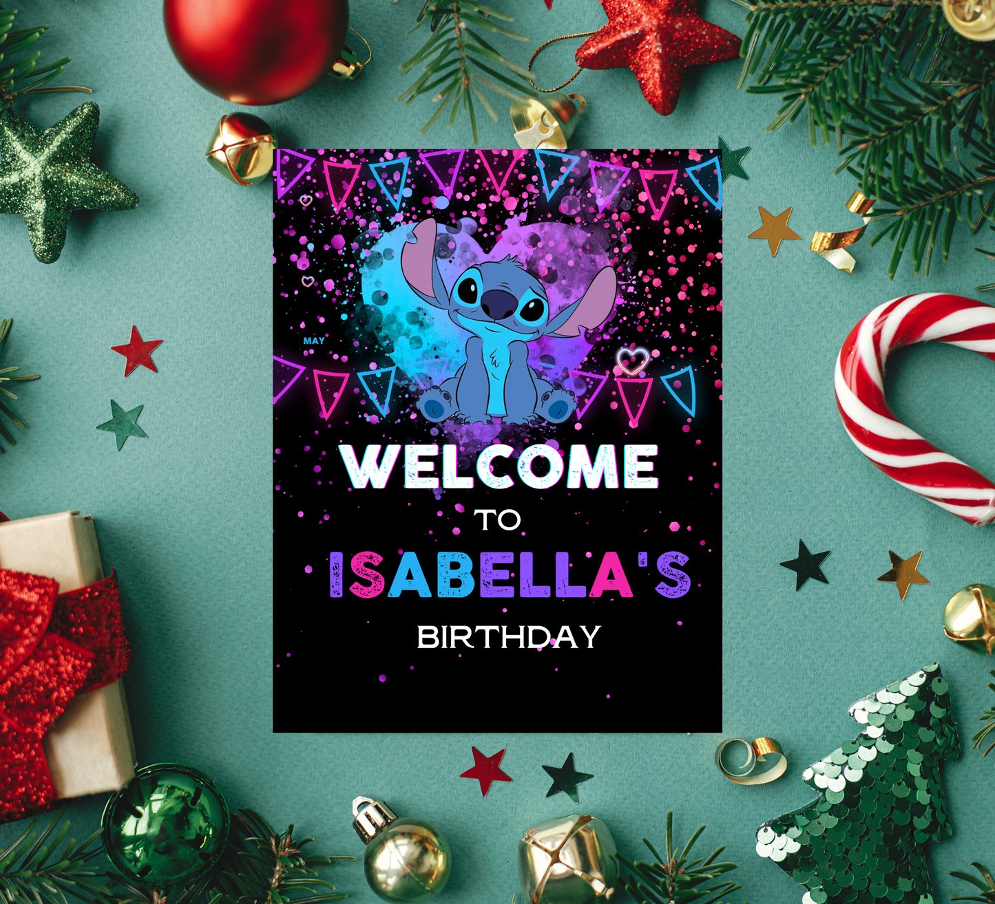Stitch Neon Birthday Welcome Sign | Glow Party Decor | Editable Canva Template