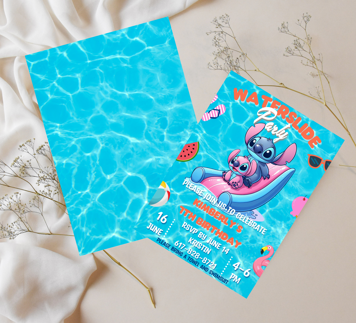 Stitch & Angel Pool Party Birthday Invitation | Editable Canva Template | Kawaii Waterslide Summer Invite | Printable Kids Birthday Invitation