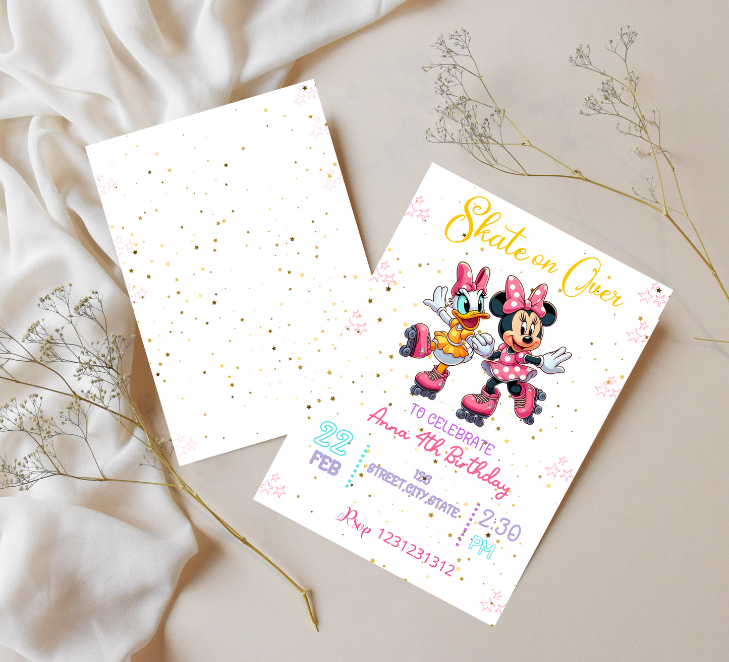 Minnie Mouse & Daisy Duck Roller Skating Birthday Invitation | Cute Skating Rink Party Invite | Editable Canva Template | Pink Disney Birthday Invitation