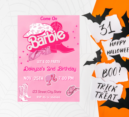 Barbie Cowboy Pink Birthday Invitation | Editable Canva Template | Western Themed Girls Party Invite | Printable Birthday Invitation