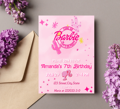 Barbie Pink Cowboy Birthday Invitation | Cowgirl Rodeo Party | Pink Western Invite | Editable Template
