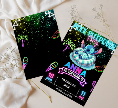 Neon Stitch Pool Party & Sleepover Invitation | Glow in the Dark Birthday | Editable Canva Template | Tropical Night Swim Invite