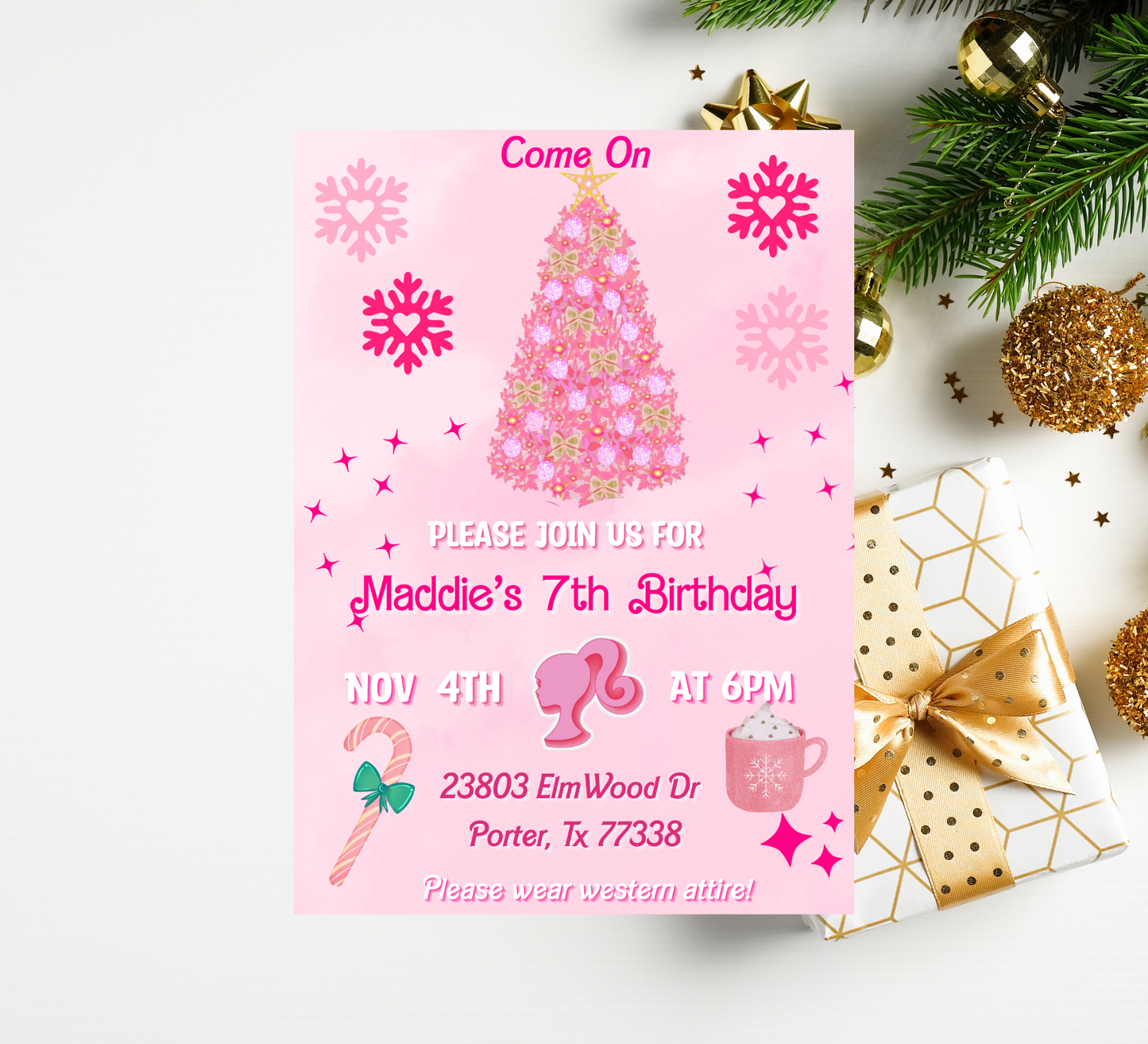 Barbie Pink Christmas Winter Birthday Invitation | Holiday Party | Editable Template