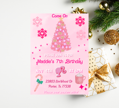 Barbie Pink Christmas Winter Birthday Invitation | Holiday Party | Editable Template