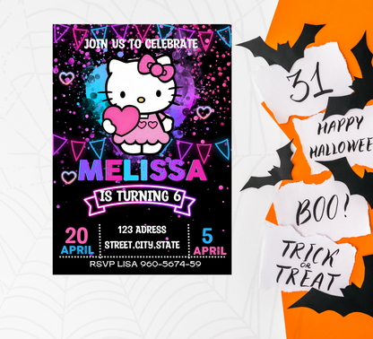 Hello Kitty Neon Birthday Invitation | Kawaii Glow Party Invite | Editable Canva Template | Cute Bright Printable Girls Birthday Invitation