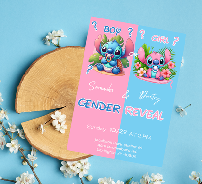 Stitch & Angel Pink and Blue Gender Reveal Welcome Sign | Baby Reveal Decor Editable Template