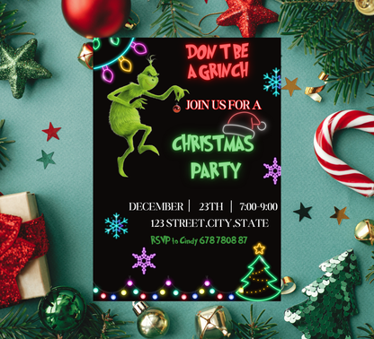 Grinch Neon Green Christmas Party Invitation | Bright Grinchmas Invite | Editable Template