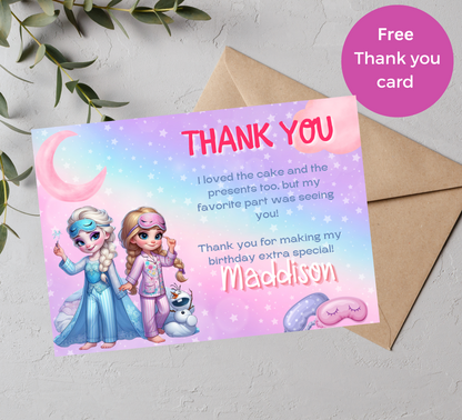 Anna & Elsa Frozen Sleepover Birthday Invitation | Editable Canva Template | Kawaii Girls Slumber Party Invite | Printable Kids Birthday Invitation
