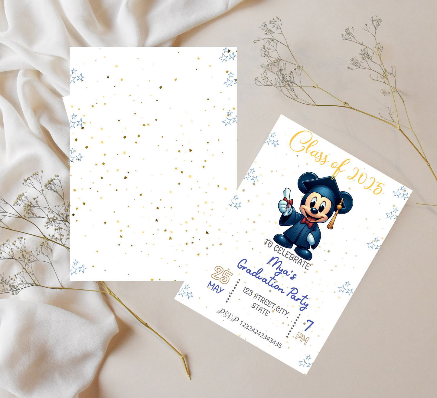 Mickey Mouse Blue Graduation Invitation | School & Kindergarten Template Editable Canva Template | Pink Minnie Party Printable