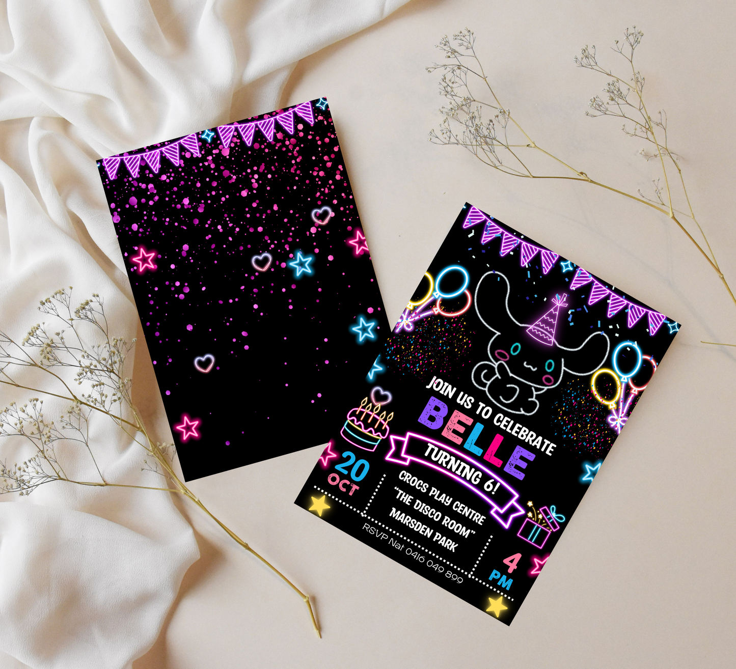 Kawaii Cinnamoroll Neon Birthday Invitation | Editable Canva Template | Cute Glow Party Invite | Printable Sanrio Birthday Invitation