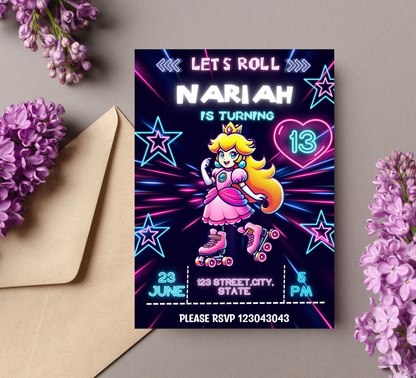 Mario Brothers Princess Peach Roller Skating Neon Birthday Invitation | Glow Party Editable Canva Template