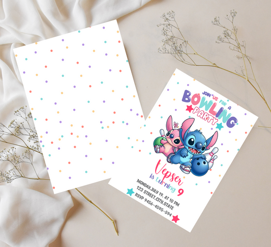Stitch & Angel Bowling Birthday Invitation | Cute Glow Bowling Party Invite | Editable Canva Template | Kawaii Stitch Birthday Invitation
