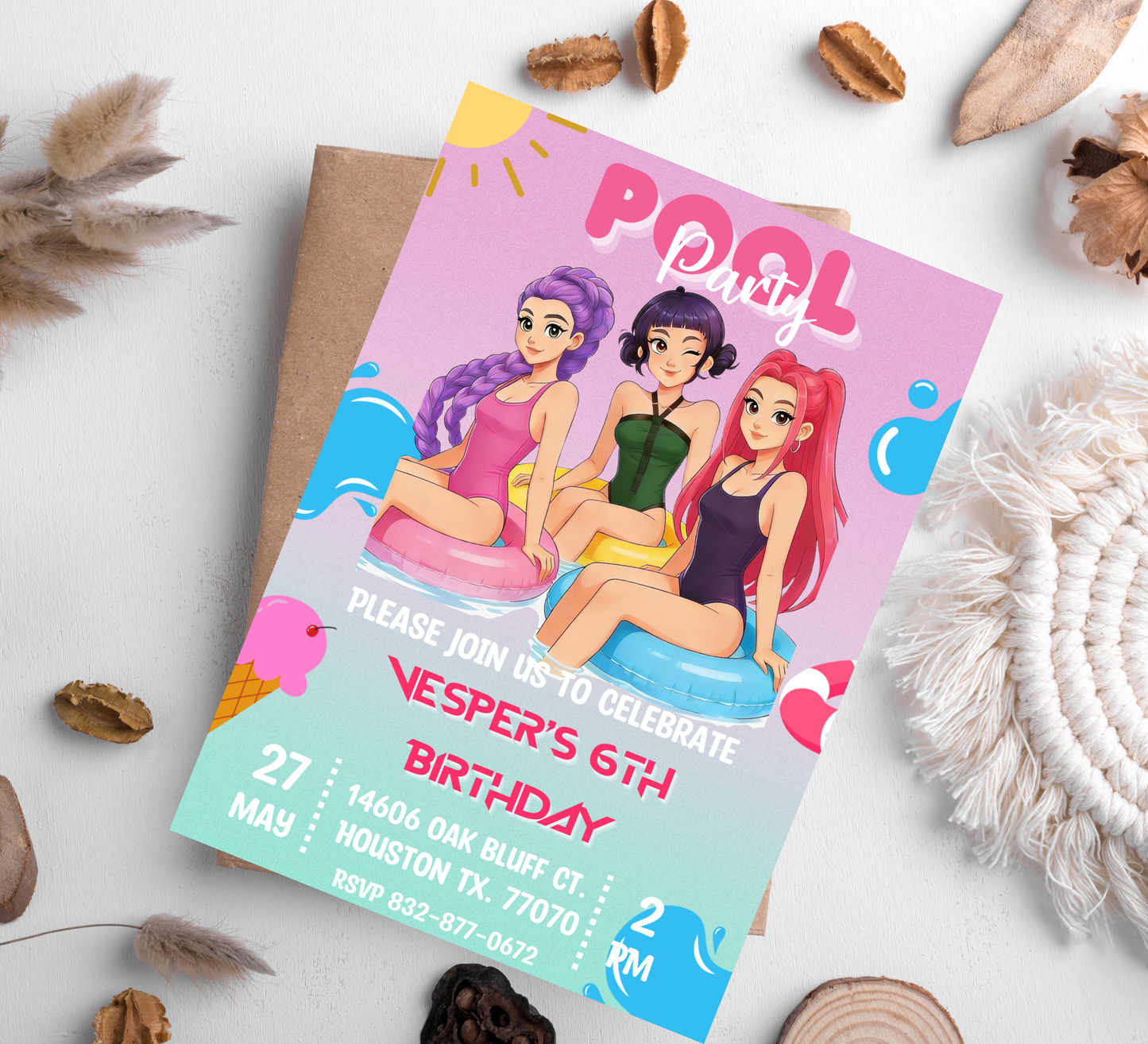 K-Pop Demon Hunters Birthday Invitation | Rumi Mira Zoey Pool Party | Editable Canva Template | Anime Idol Summer Splash Invite | Modern K-Pop Aesthetic